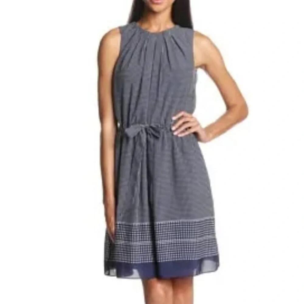 Anne Klein Petite Dot Halter Dress Midi Navy Blue/White Size 12